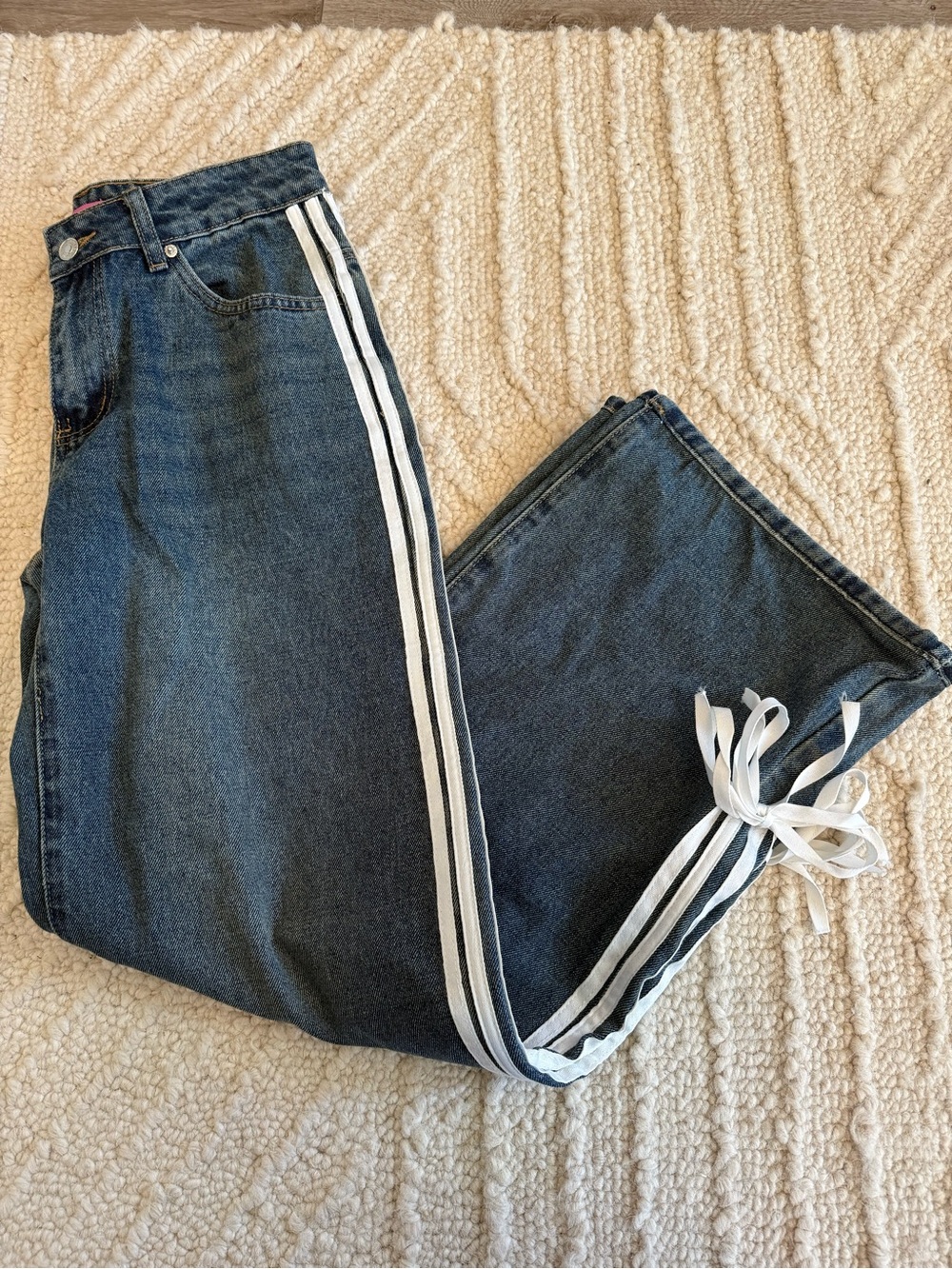 Edikted Dark Blue Flared Jeans with White Side Stripes